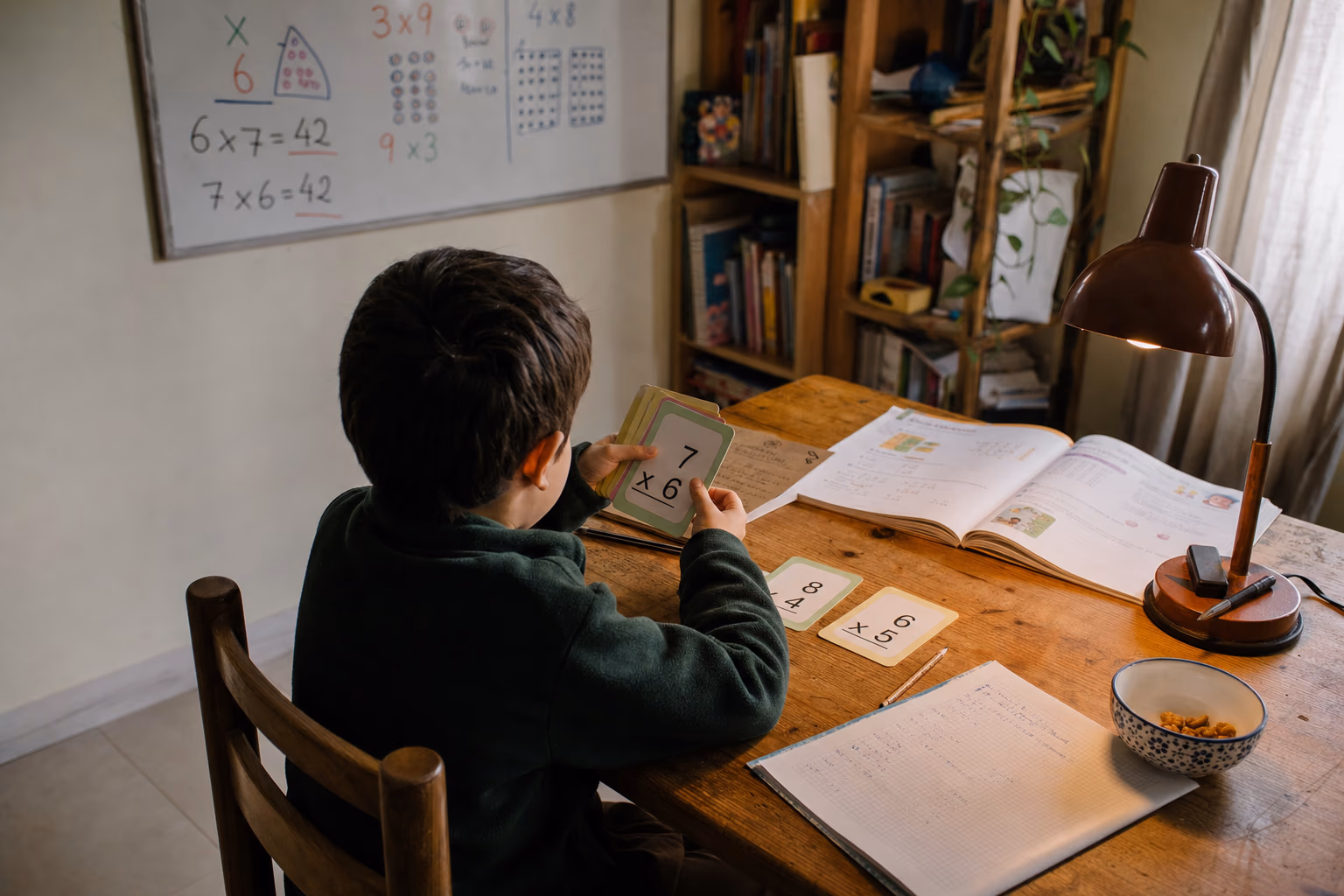 Niño aprendiendo tablas de multiplicar con apoyo de material visual